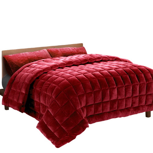 Giselle Bedding Faux Mink Quilt Comforter Fleece Throw Blanket Doona Burgundy Super King